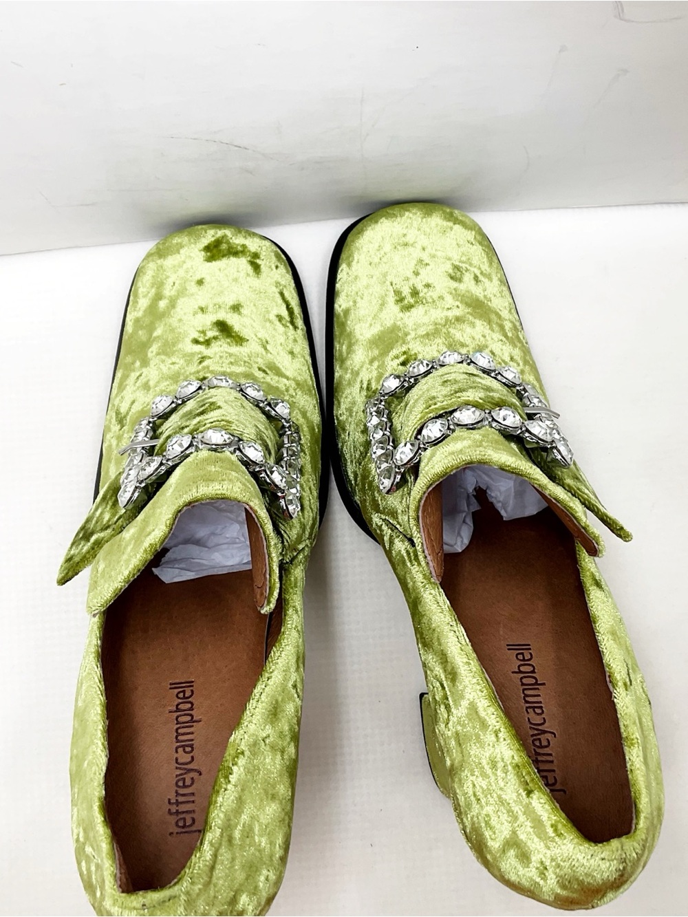 🆕{Jeffery Campbell} Velvet Chunky Rhinestone Buckle Heel Loafers - Picture 7 of 16
